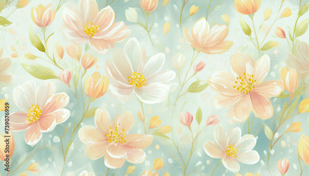 Pastel green and pink spring floral background, watercolor illustration