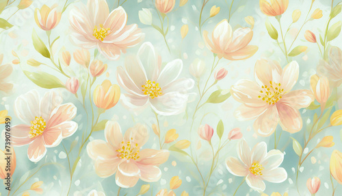 Pastel green and pink spring floral background, watercolor illustration