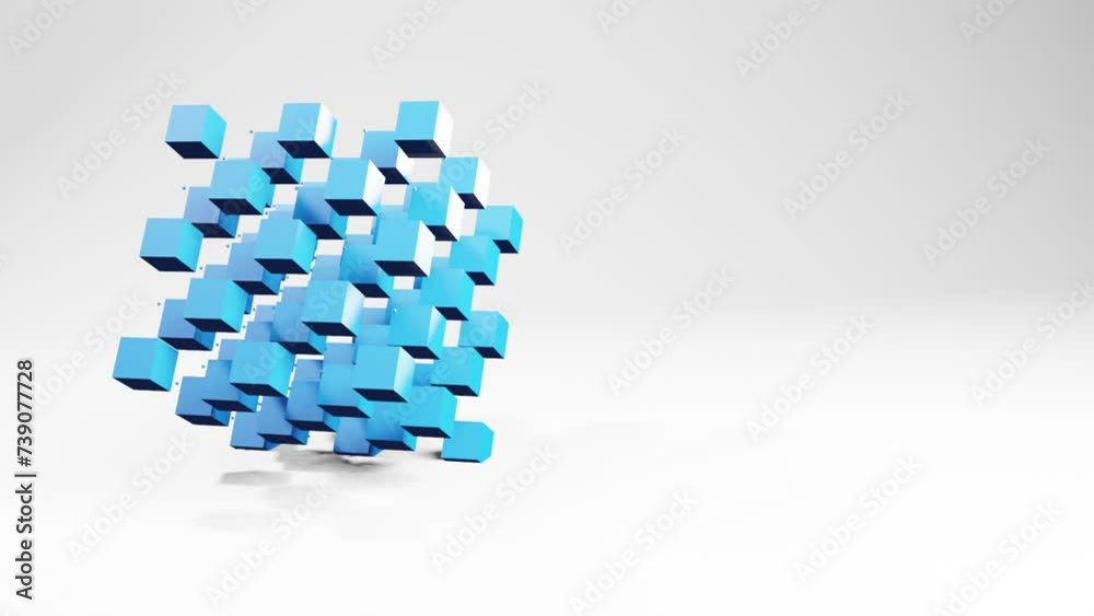 Techno blue 3d cube shapes animation motion graphics, video geometric 3d background with copyspace, color geometrical cube shape made of small cubes. Dynamic movement