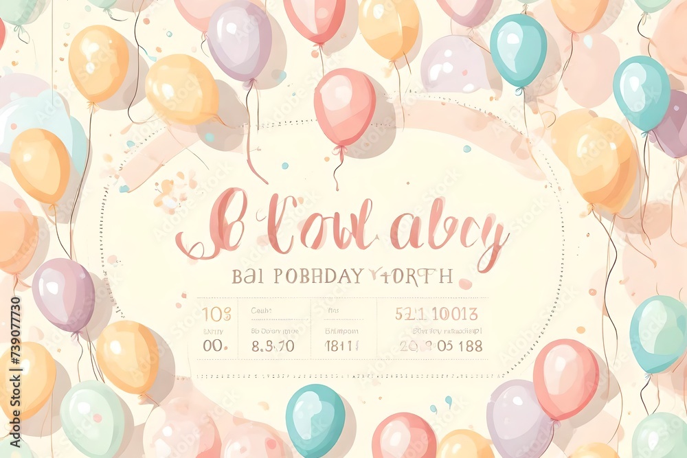 Cute baby bitrhday invitation template with pastel baloons