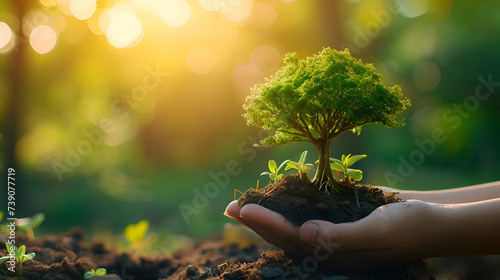 hand holding plant on nature background, generative ai,