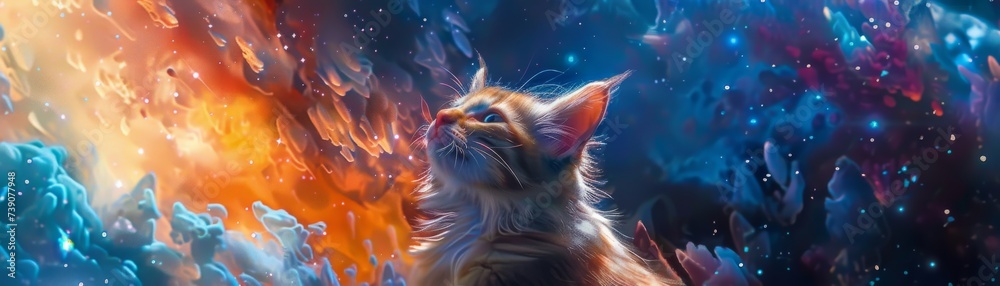 Mystical cartoon kitten exploring a vibrant yet freezing universe sky ablaze with colors close up capturing every detail - obrazy, fototapety, plakaty 