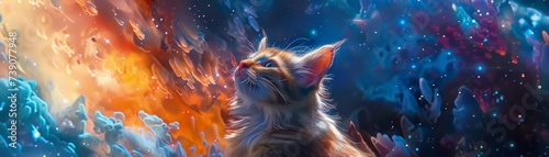 Mystical cartoon kitten exploring a vibrant yet freezing universe sky ablaze with colors close up capturing every detail