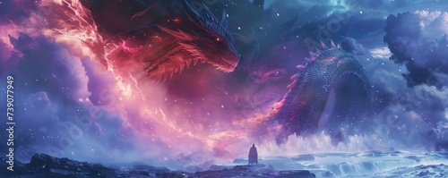 A dramatic scene of a dragon trainer calming a storm with a dragon by their side showcasing their harmonious power photo