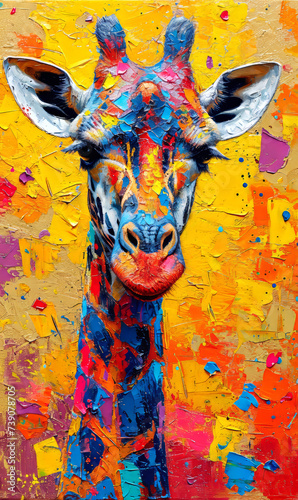 Giraffe head on colorful background. Fragment of artwork. Oil color painting.