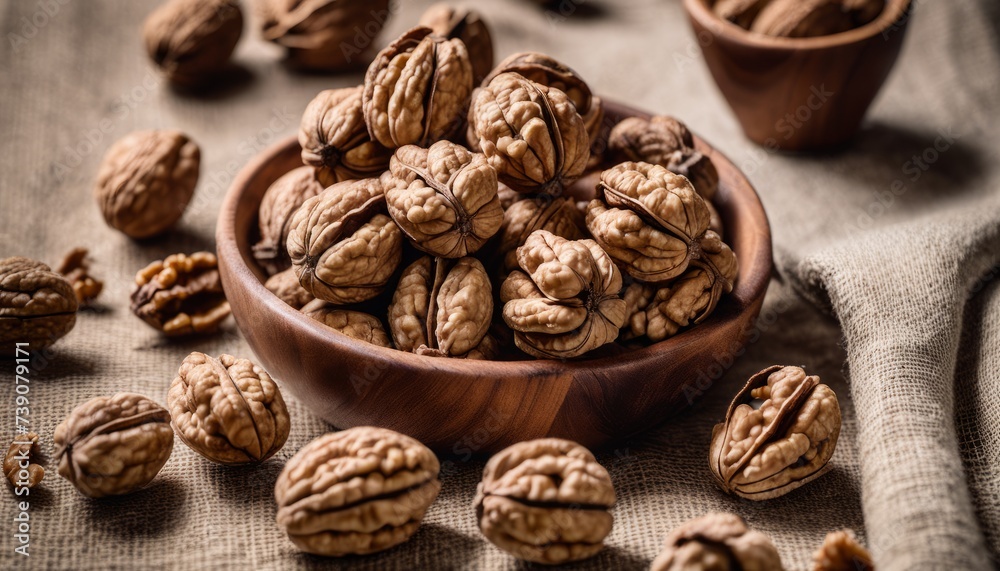 Nutty Delight - A bowl of fresh walnuts on a rustic table Nutty Delight - A bowl of fresh walnuts on a rustic table