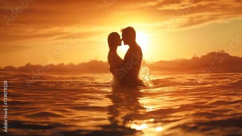 Silhouette of a loving couple standing in the sea at sunset.