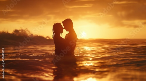 Silhouette of a loving couple standing in the sea at sunset.