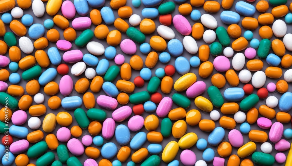 Vibrant pill capsules in a colorful array Vibrant pill capsules in a colorful array