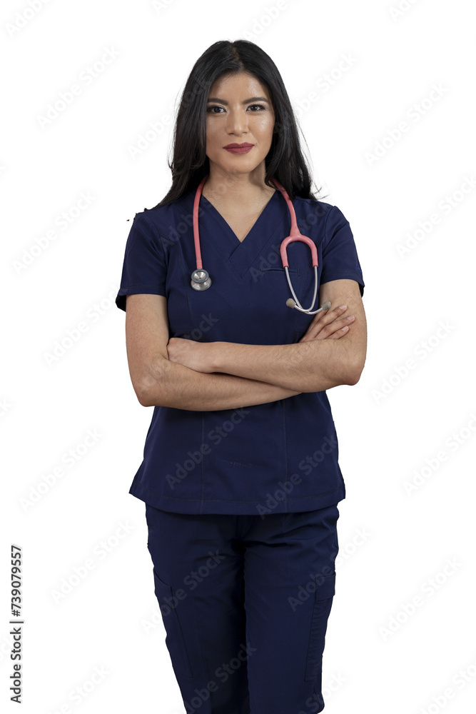 Young Latina doctor, looking at the camera with her arms crossed, in her medical office. Young Latina doctor, looking at the camera with her arms crossed, in her medical office.