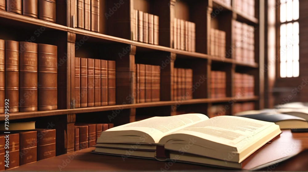 Fototapeta premium Inside a Law Library. Close-up of an Open Law Books and a Lot of Law Reports in a Law Firm. 3D Render