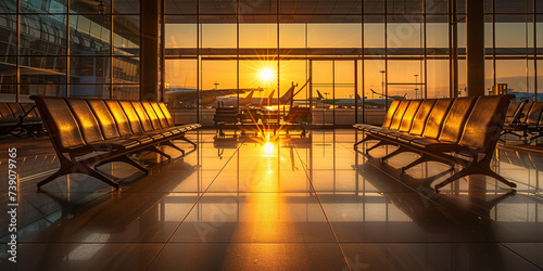 Empty seats in the departure lounge at the airport with sunset and large window background
