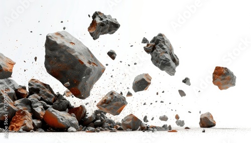 rocks flying off into space with a white background