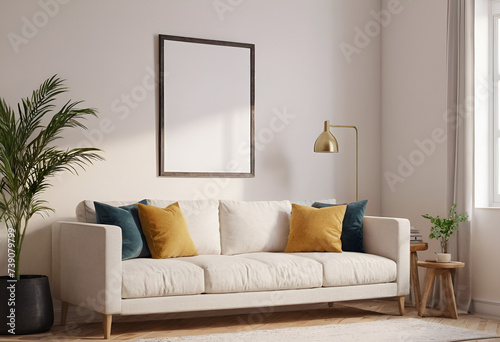 Frame mockup, ISO A paper size. Living room poster mockup. Interior mockup with house white background. Modern interior design. 3D render photo