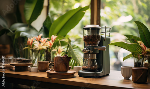 Step into a vintage-inspired morning ritual, where the aroma of freshly ground coffee beans fills the air, accompanied by the gentle hum of an old-fashioned grinder. photo