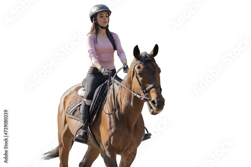 Foto Close up of a young woman riding a horse in an equestrian center