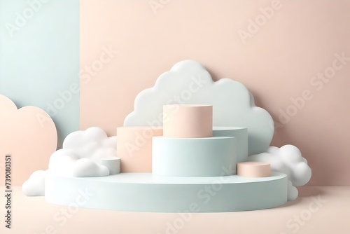 Product podium with clouds in soft pastel colors for product presentation. Mockup for branding  packaging
