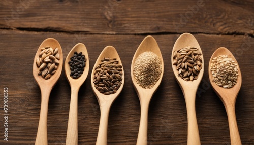  Variety of grains in wooden spoons on rustic table