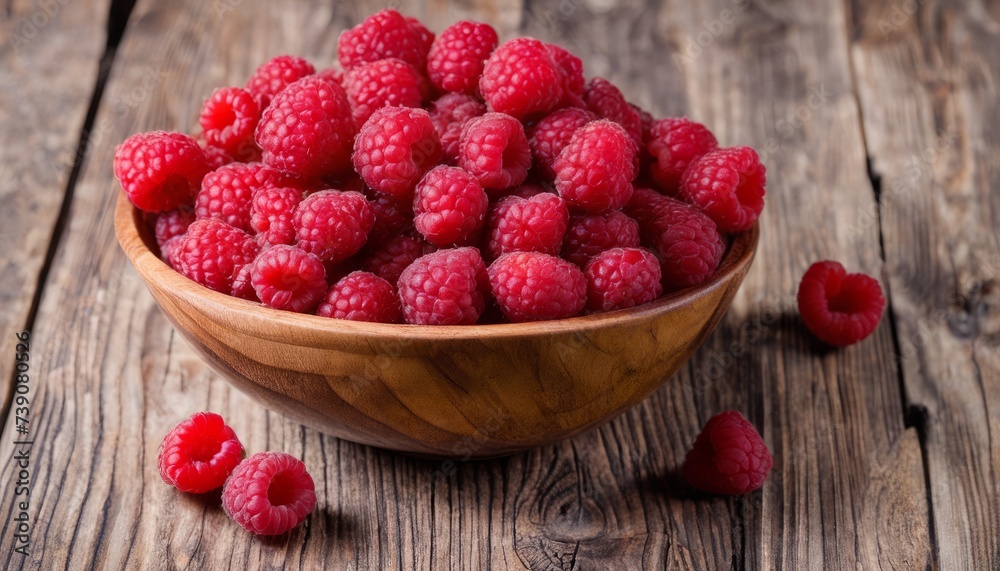 Fresh raspberries in a wooden bowl, ready for a healthy snack! Fresh raspberries in a wooden bowl, ready for a healthy snack!