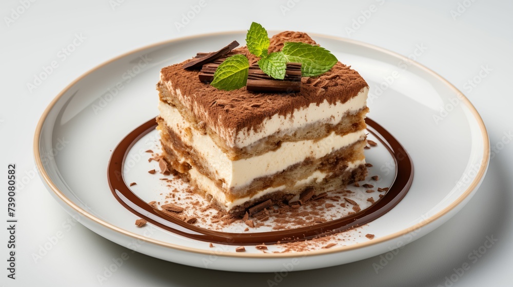 Tiramisu on a plate against a white background. Tiramisu on a plate against a white background.