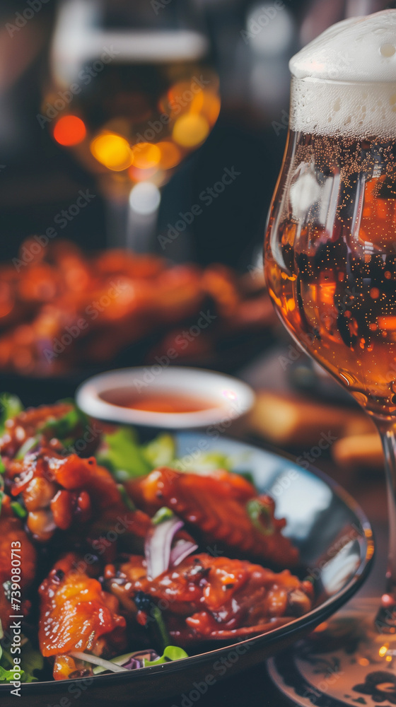 Craft Beer with Frothy Head Beside Spicy Chicken Wings on Dark Background Craft Beer with Frothy Head Beside Spicy Chicken Wings on Dark Background