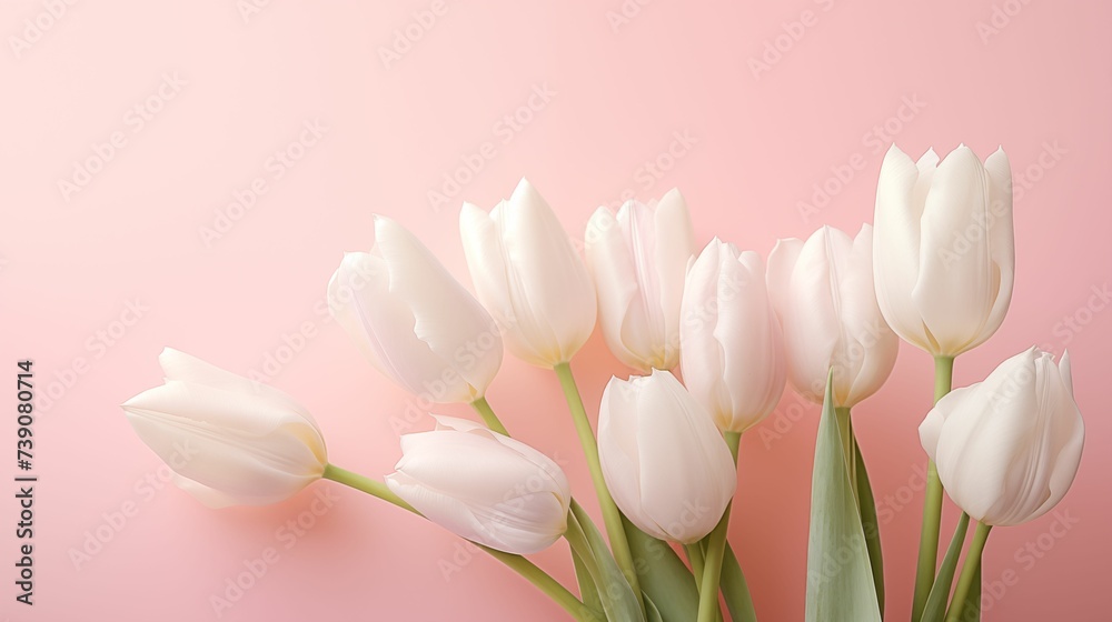 White tulips on a soft pink background. White tulips on a soft pink background.