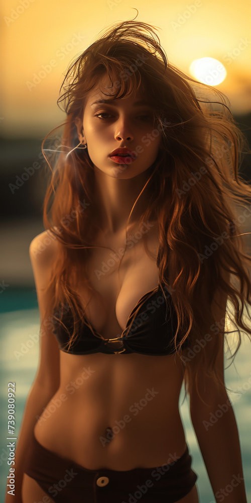 Sunlit Dance: Long-Haired Beauty with Cigarette by the Pool
