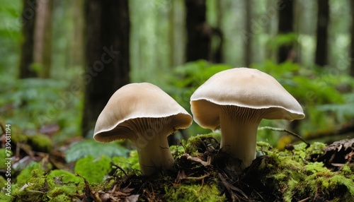  Two mushrooms growing in a forest, symbolizing growth and nature