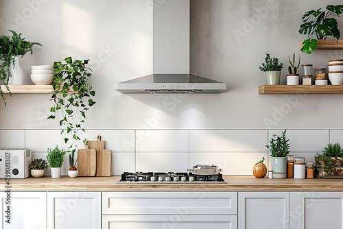 Silver cooker hood in minimal white kitchen interior with plant on wooden countertop. Real photo photo