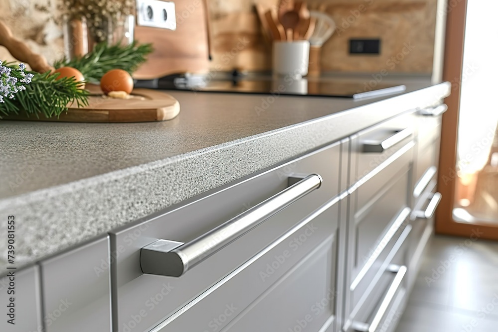 Stylish light gray handles on cabinets close-up, kitchen interior with modern furniture and stainless steel appliances. kitchen design in scandinavian style - obrazy, fototapety, plakaty 
