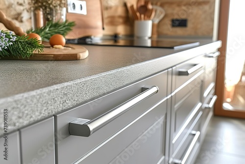 Stylish light gray handles on cabinets close-up, kitchen interior with modern furniture and stainless steel appliances. kitchen design in scandinavian style