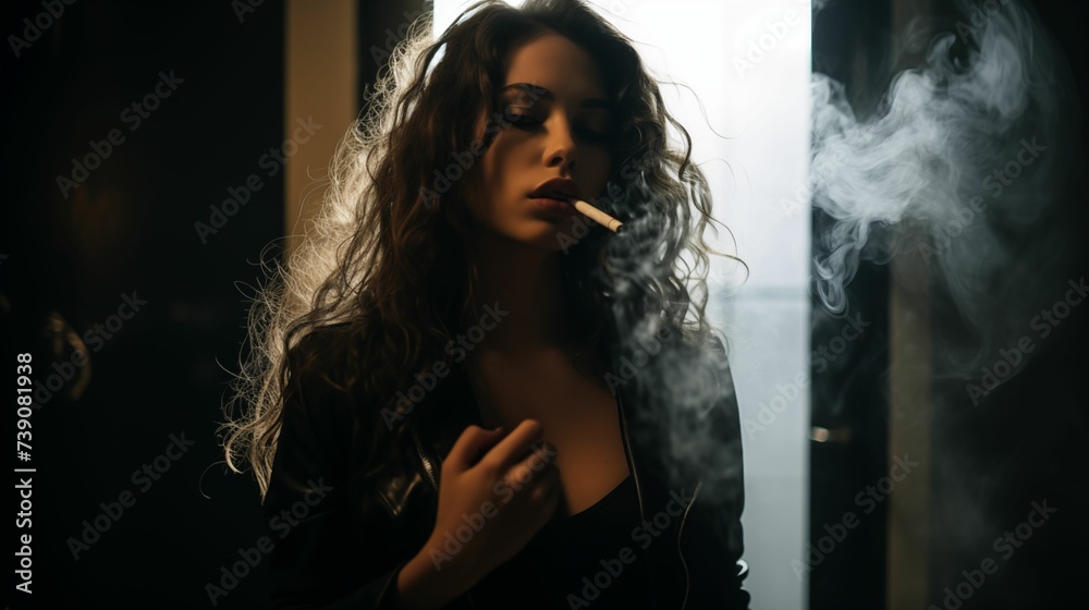 Woman with a cigarette in her mouth.