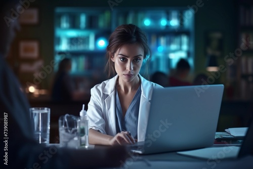 Digital Diagnosis: Female Doctor Utilizing Laptop Technology photo