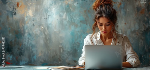 painting of a woman working with laptop photo