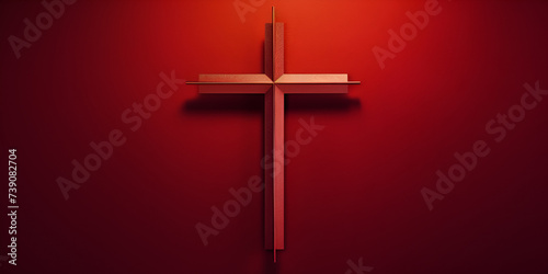 religious red Christian cross isolated Wood cross crucifix on a red material red background photo