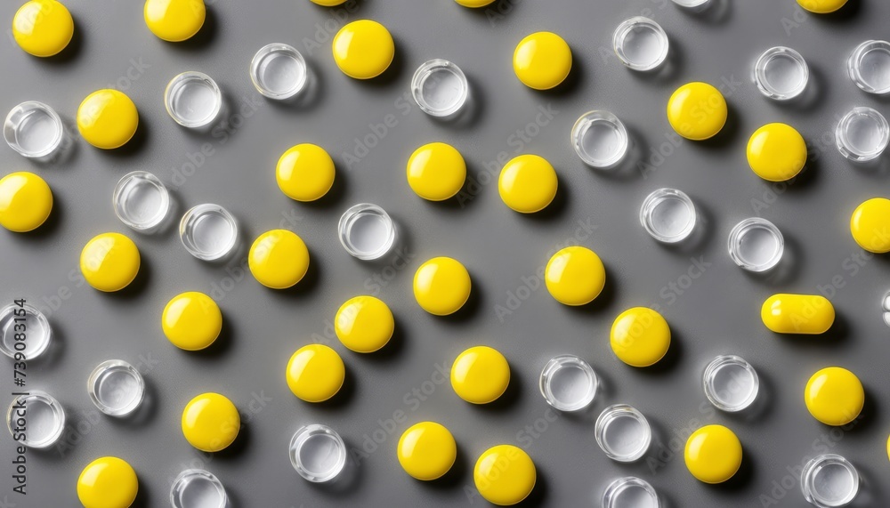 Vibrant yellow and clear pill capsules on a gray background Vibrant yellow and clear pill capsules on a gray background