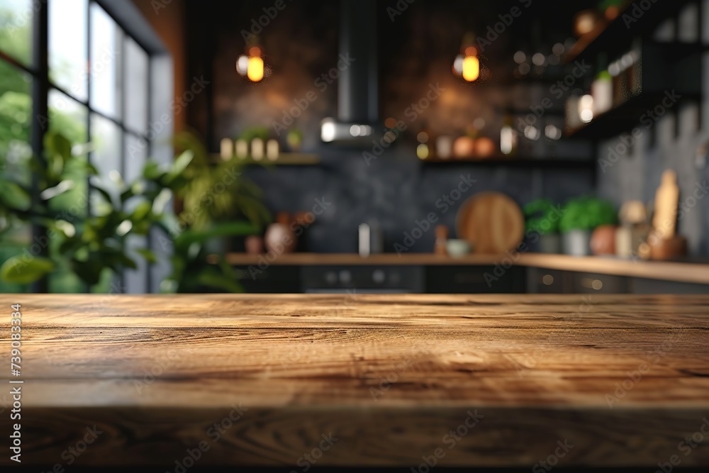 Wooden table background of free space for your decoration and blurred background of kitchen. Copy space.Dark mood interior. Kitchen furniture.