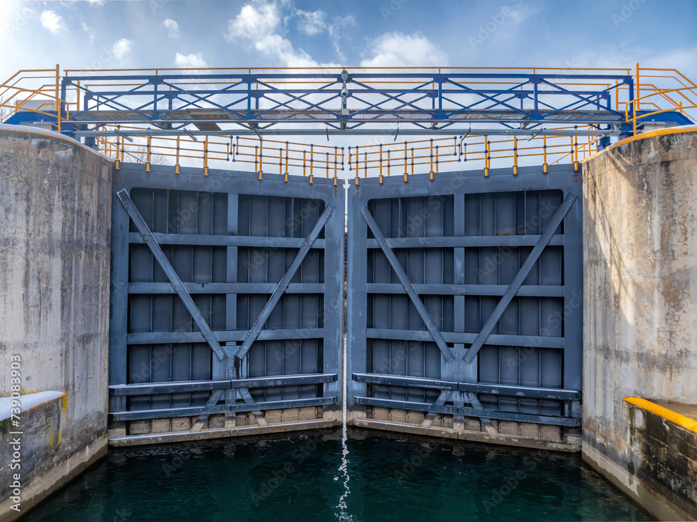 Winter aerial Image of the Erie Canal Locks found in Seneca Falls, NY, between Seneca Lake and Cayuga Lake.