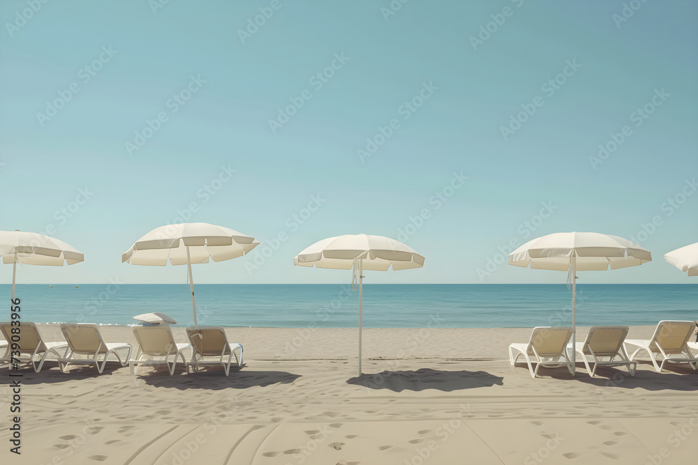 hot summer, white sand, sun, beach vacation, coast and waves, two beach stools and umbrellas, calm waves, tourism and travel, vacation