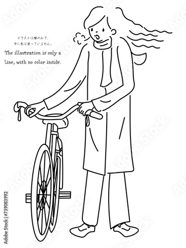 自転車を押して歩く女性（線画）