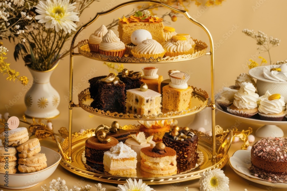 Gold three-tier tray filled with assorted and different cakes and pastries