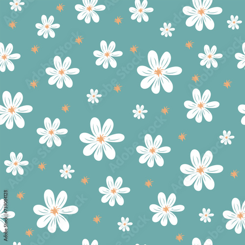 Seamless pattern with cute flowers on a mint background. Delicate floral print.