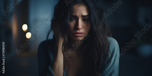 Sad woman suffering depression insomnia awake portraying intense emotional distress and sit alone in the dark room sexual harassment and violence against women health concept stress due to pain.