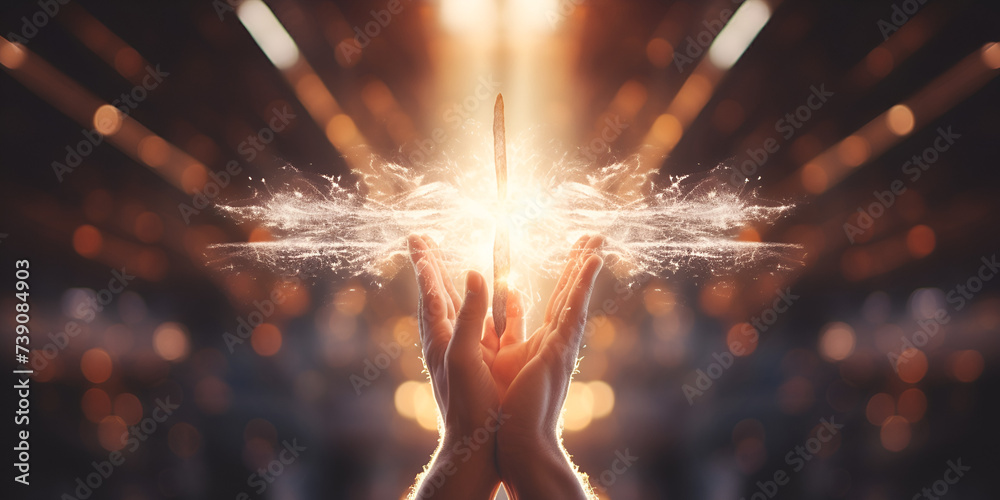 Christian worship hands reaching holy cross hands praying for blessing from god on sunset light Healing Energy feels like the beautiful tingling touch of Angel Feathers radiating sparkles Light. - obrazy, fototapety, plakaty 