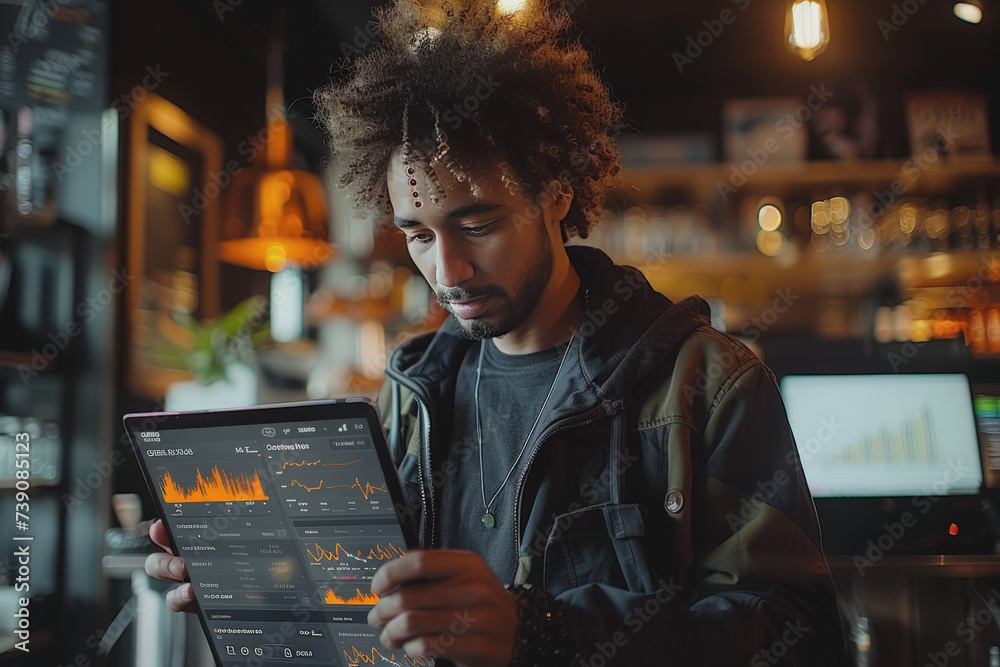 Young entrepreneur analyzing digital financial charts on a tablet, coffee shop setting. AI Generated Young entrepreneur analyzing digital financial charts on a tablet, coffee shop setting. AI Generated