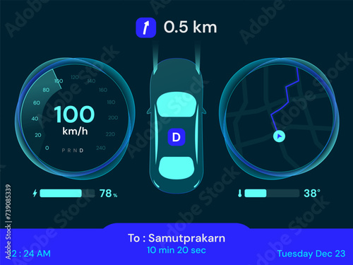 Electric vehicle car dashboard with futuristic hologram panel circle speedometer information and navigation system automobile interface vector design concept. EV Car dashboard neon green, blue design.