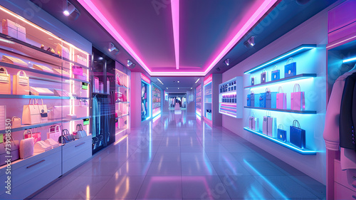 A futuristic boutique store interior, illuminated by stylish neon lights, showcasing an array of fashionable handbags and accessories. 