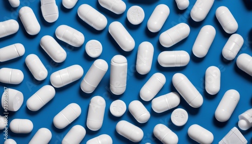  A collection of white capsules against a blue background