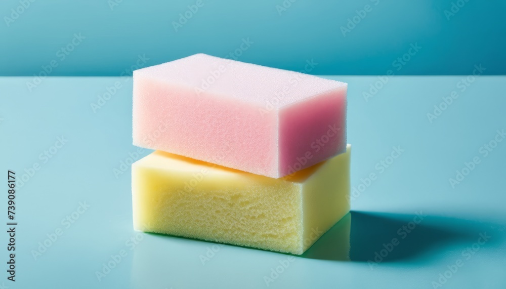 Colorful cube-shaped sponge on blue surface Colorful cube-shaped sponge on blue surface