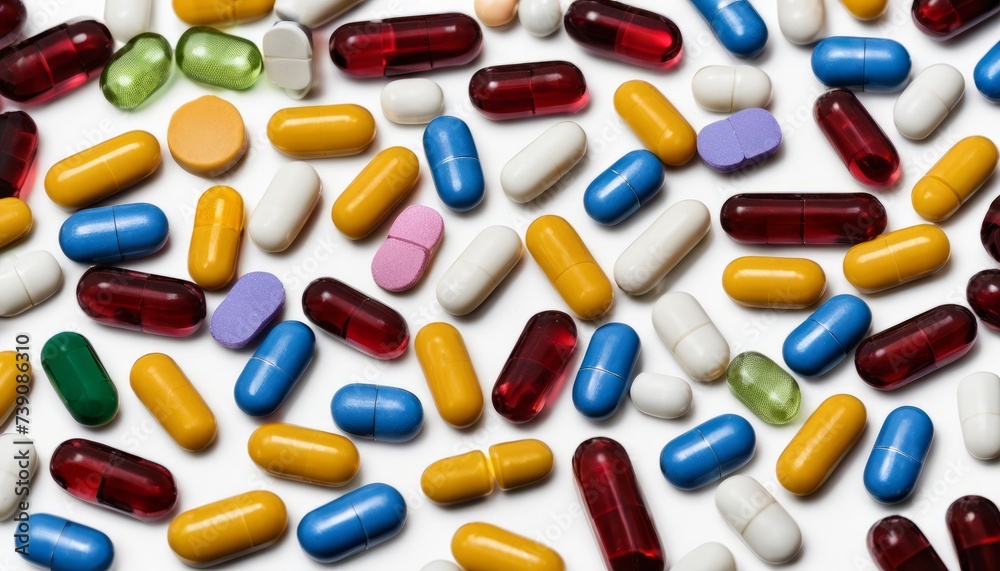 Vibrant array of colorful pills against a white background Vibrant array of colorful pills against a white background
